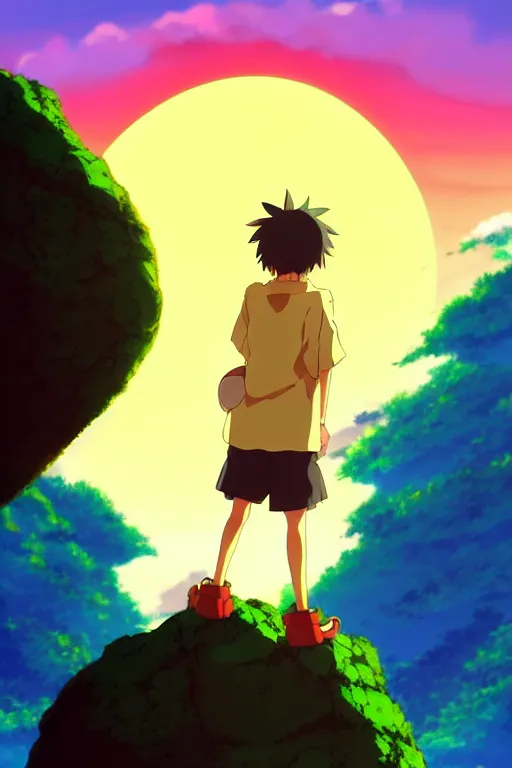 Prompt: anime art, anime key visual of a frog, flapping wings, standing on a large rock, golden hour sunset lighting, background blur bokeh!!, trending on pixiv fanbox, studio ghibli, extremely high quality artwork