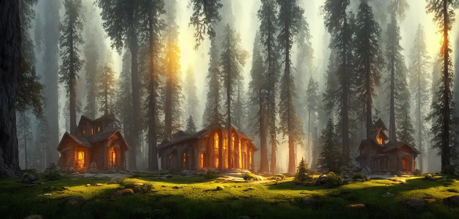 Image similar to random mystic house in sequoia forest incredible, vector art, octane render, fabulous, hyper detailed, random cinematic view, no noise, global illumination, warm lighting, volumetric, godrays, vivid, beautiful, by jordan grimmer