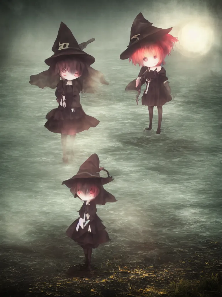 Prompt: cute fumo plush girl witch standing in reflective murky river water, gothic horror maiden in tattered cloth, volumetric fog and smoke in hazy abyss, light shafts shining through the dusky light, moonglow, lens flare, chibi anime, vray