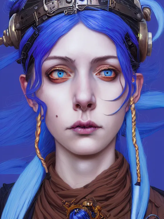 Prompt: a ARCANE ART Portrait of JINX The Loose Cannon, blue hair, long pigtail, intricate, elegant, highly detailed, digital painting, concept art, smooth, sharp focus, illustration, by Laurie Greasley,Lawrence Alma-Tadema,Dan Mumford,artstation,deviantart,Unreal Engine,face enhance,8K,golden ratio,cinematic lighting