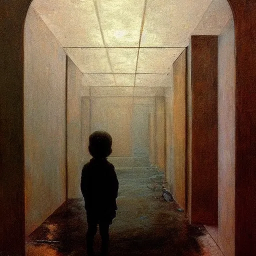 Prompt: dark ethereal and moody painting of a child inside a hallway of mirrors, beksinski