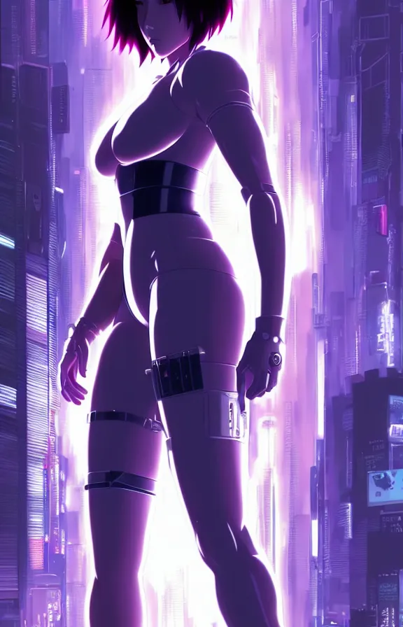 Image similar to a still fullbody portrait of motoko kusanagi ghost in the shell, finely detailed features, closeup at the faces, perfect art, at a cyberpunk city, gapmoe yandere grimdark, trending on pixiv fanbox, by ilya kuvshinov, rossdraws, artgerm