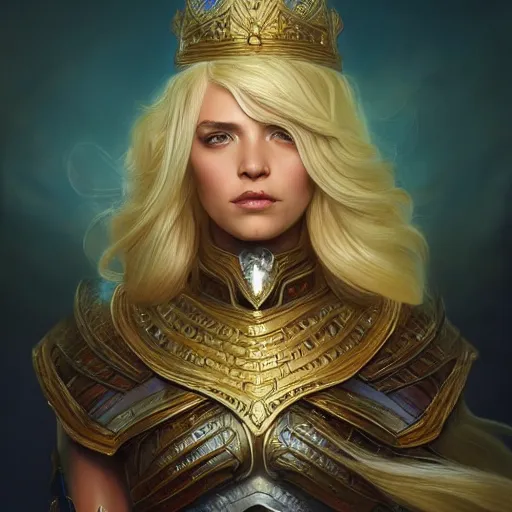 Image similar to A beautiful digital painting of a strong blonde woman, in a regal armor, queen, D&D, fantasy, intricate, cinematic lighting, highly detailed, digital painting, Artstation, concept art, smooth, sharp focus, illustration, art by Artgerm and Greg Rutkowski and Alphonse Mucha