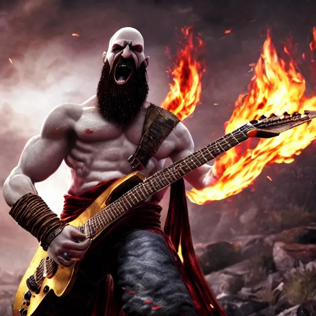 Prompt: screaming kratos rocking out on a flaming stratocaster guitar, cinematic render, god of war 2 0 1 8, playstation studios official media, sunglasses, lightning