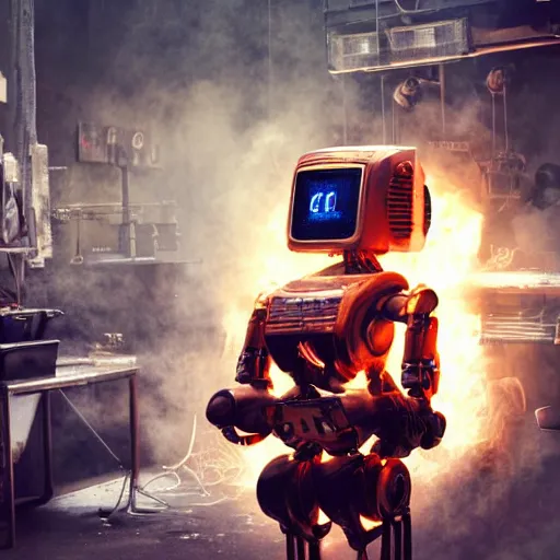 Image similar to toaster oven terminator robot, dark messy smoke - filled cluttered workshop, dark, dramatic lighting, orange tint, sparks, cinematic, highly detailed, sci - fi, futuristic, movie still