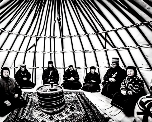 Prompt: tsar nikolai ii seats in yurt with kyrgyz people, black and white photo