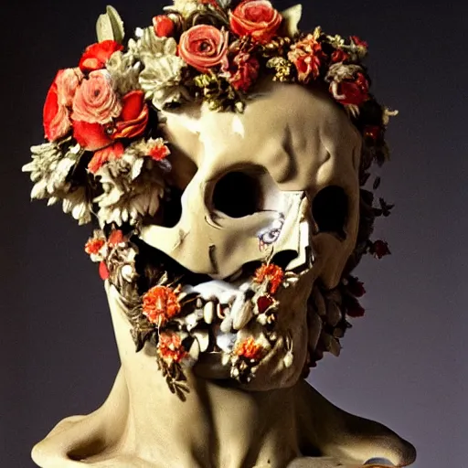 Image similar to a man in the form of a Greek sculpture with a mask in the form of a skull and wreath of flowers skulls in hands dressed in a biomechanical dress, red white and gold color scheme, baroque, by Michelangelo