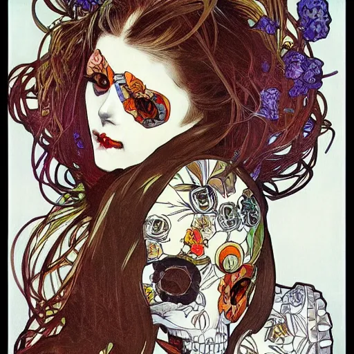 Image similar to manga skull portrait girl female skeleton Candy realism hyperrealistic art will cotton alphonse mucha pop art fairey