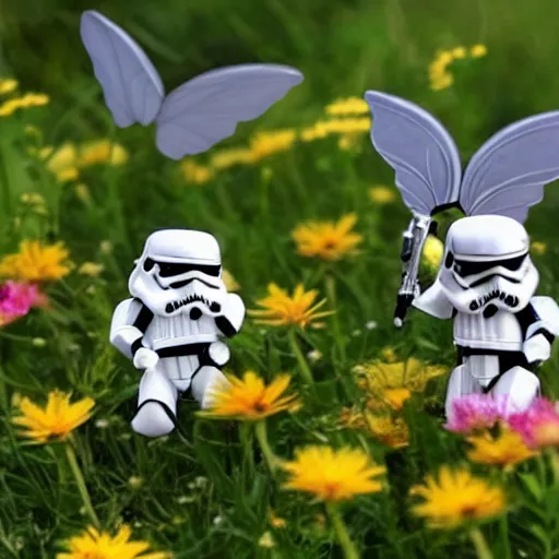 Image similar to little stormtrooper winged fairies, flying around the flowers in a sunny meadow