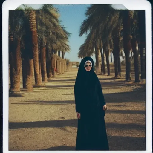 Prompt: polaroid of a city arab girl mid 3 0's with expensive suit in the middle of a farm, in diriyah, palm trees, baby goat, chickens, 8 k, film poster as directed by wes anderson