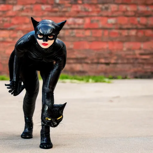 Prompt: Mark Zuckerberg as Catwoman, 105mm, Canon, f/22, ISO 100, 1/200s, 8K, RAW, symmetrical balance, Dolby Vision, Aperture Priority