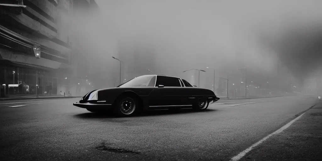 Prompt: retro futuristic car, city, atmospheric, hazy, cinematic, dark lighting, underexposed, cinematography by greig fraser,