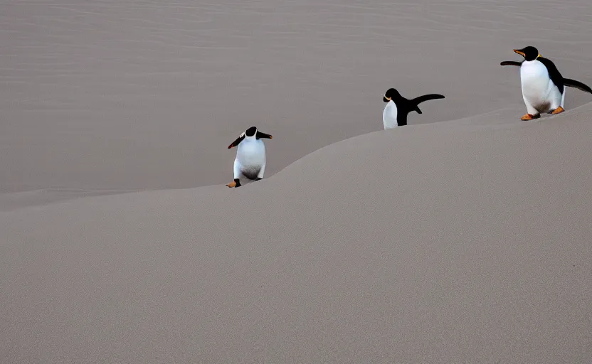 Image similar to penguins sliding in sand dunes, photography