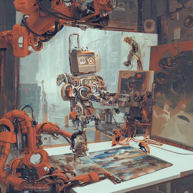 Prompt: robot artist painting a self - portrait on a canvas. intricate, highly detailed, digital matte painting, in the style of alexandros pyromallis, and in the style of sachin teng, and in the style of hans thoma, and in the style of mort kunstler. irony, recursion, inspiration.