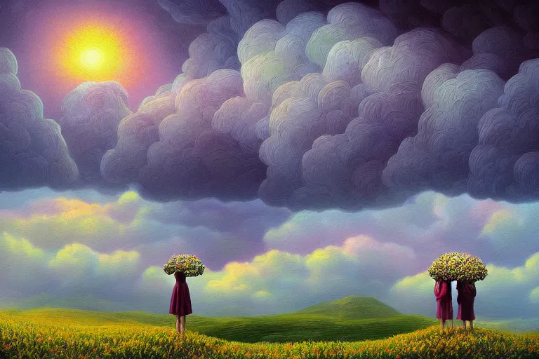 Prompt: giant flower heads, women standing in heather hills, surreal photography, stormy sky, dramatic lighting impressionist painting, digital painting, artstation, rob gonsalves