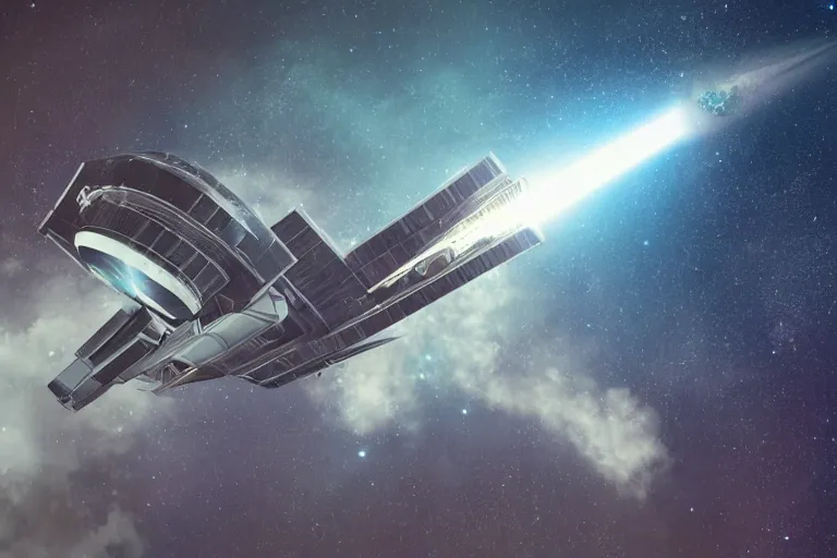 Prompt: photo of a chunky massive spaceship lifting off from a spaceport, dystopian, futuristic, dark