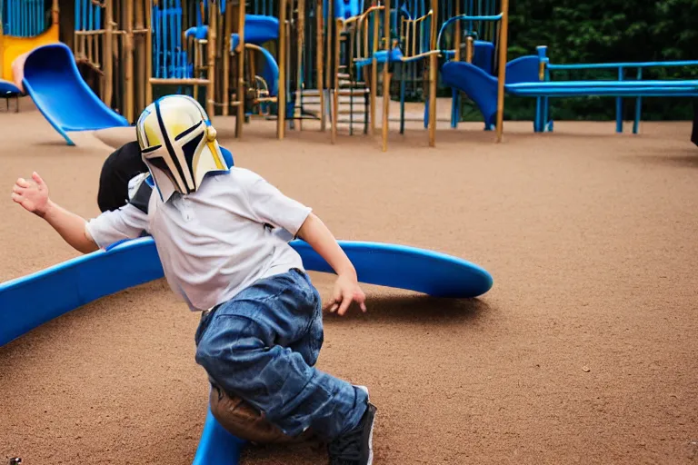 Image similar to Grogu going down a slide in a playground, still from the Mandalorian show, his arms are in the air and he’s smiling, shallow depth of field, Nikon 50mm f/1.8G