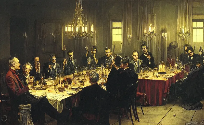 Prompt: a formal dinner party attended by vampires on a table in a dark victorian dining room lit by a single bulb, painted by rick berry and norman rockwell and zdzislaw beksinski and cassius marcellus coolidge, highly detailed