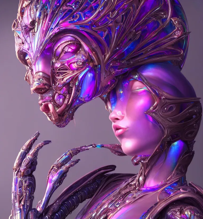 Prompt: iridescent close-up portrait of a beautiful princess in robe. biomechanical mask. bio luminescent biomechanical halo around head. artwork by jarold Sng by artgerm, by Eddie Mendoza, by Peter mohrbacher by tooth wu, unreal engine, octane render, cinematic light, high details, iridescent colors, dichroic, macro, 4l