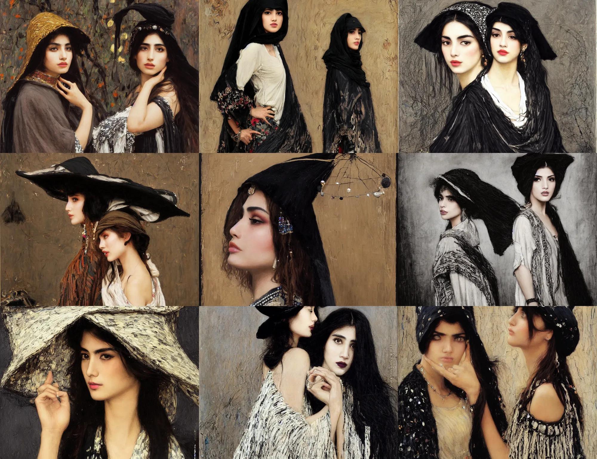 Prompt: profile portrait of single fashionable young iranian asian girl wearing rich jewerly hat and black and white boho poncho standing on extremely strong wind in elegant decollete, dark make up, artistic dramatic cinematic studio light, artwork by john william waterhouse and Denis Sarazhin and klimt and rhads and Dean Ellis and Detmold Charles Maurice