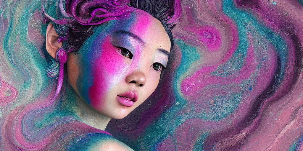 Prompt: a portrait of a very beautiful young asian goddess with pink and grey hair radiating an artwork made of swirling paint and impasto by wlop and lee griggs, background is multicoloured volumetric displacement, hyperrealism, subsurface scattering, arnold render, noise to volume, 8 k, houdini, xparticles