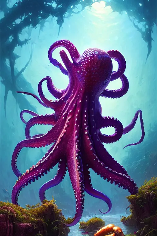 Image similar to highly detailed portrait of purple octopus playing with crab, stephen bliss, unreal engine, fantasy art by greg rutkowski, rhads, ferdinand knab, makoto shinkai and lois van baarle, ilya kuvshinov, rossdraws, tom bagshaw, global illumination, radiant light, red blue theme, coral reef