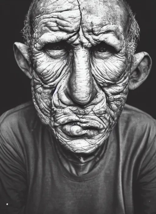 Image similar to A portrait photo of an old cyclope man , high contrast, black and white