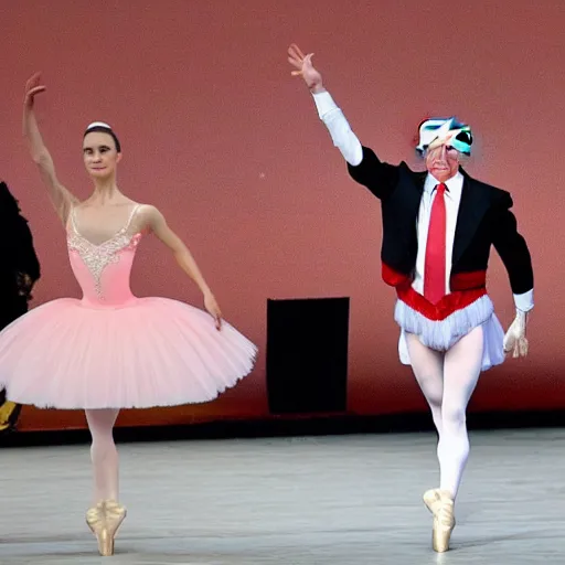 Image similar to Vladimir Putin dressed as a ballerina on a stage, the public laughs of him,