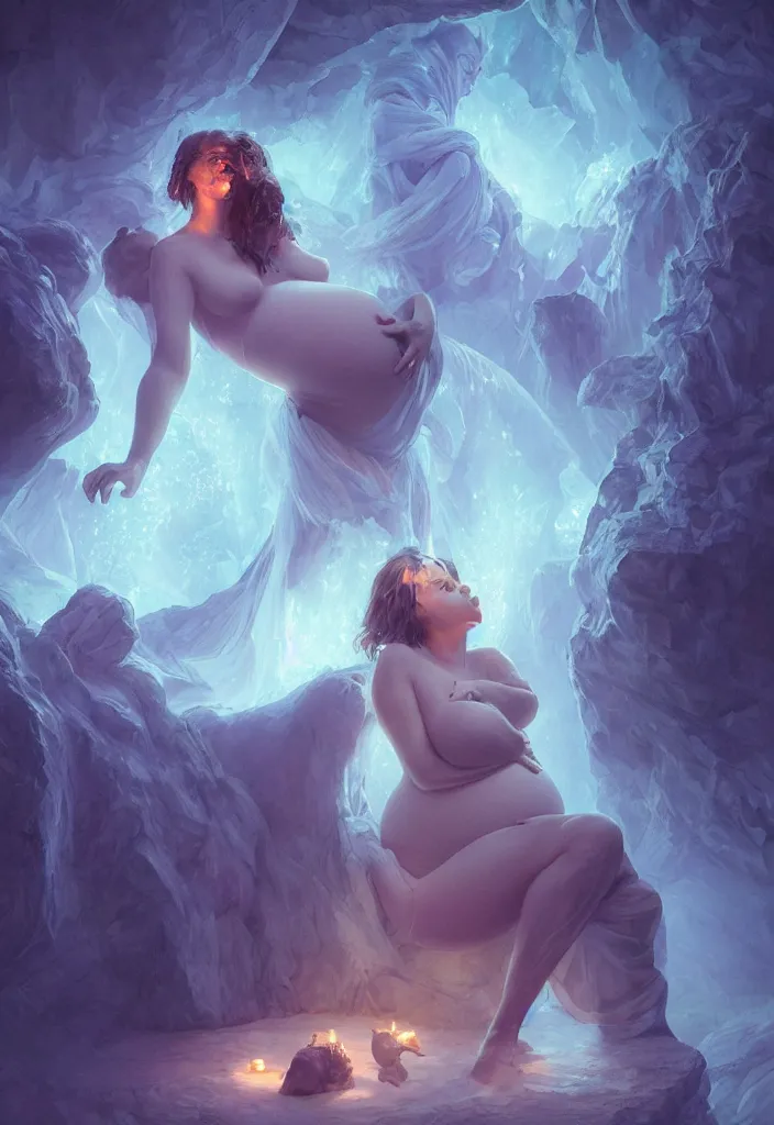 Image similar to epic pregnant woman talking to all her tribe with fluorescence bodies, proud people gather around the pregnant woman, fluorescence bodies, ice cave at night, intricate, elegant, highly detailed, digital painting, artstation, concept art, smooth, sharp focus, illustration, art by artgerm and greg rutkowski