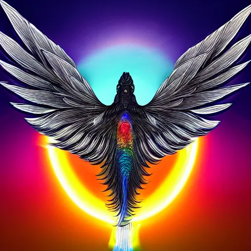 Image similar to An image of an expressive wings open phoenix with iridescent feathers standing on a pile of grey ashes and glowing coal. The phoenix is surrounded by a bright light and waves of fire with a neon bright glowing circular rainbow. Black smoke wafts from the coal.