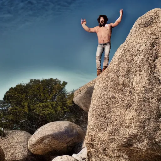 Prompt: dwayne jonson singing in a rock concert standing on a rock