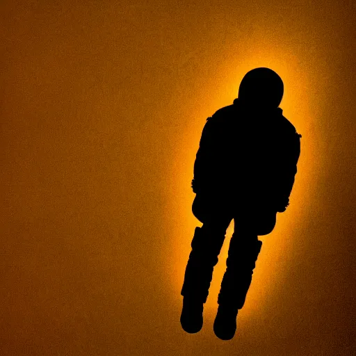 Image similar to astronaut silhouette lit from offcamera, dark background, lit from below, full body photo,, 8 k