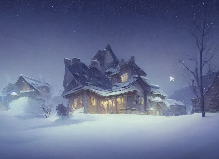 Image similar to snow - covered house, smoke from the stove, night, stars in the sky, winter landscape, painting by craig mullins, octane rendering, wide angle lens, in the style of hayao miyazaki, trending on artstation,