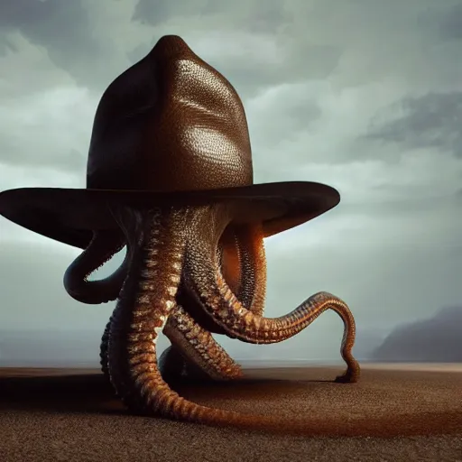 Image similar to hyperrealistic dslr film still of amorphous cephalopod wearing a cowboy hat, stunning 8 k octane comprehensive 3 d render, inspired by istvan sandorfi & greg rutkowski & unreal engine, perfect symmetry, dim volumetric cinematic lighting, extremely hyper - detailed, extremely lifelike attributes & lifelike texture, intricate, masterpiece, artstation, stunning