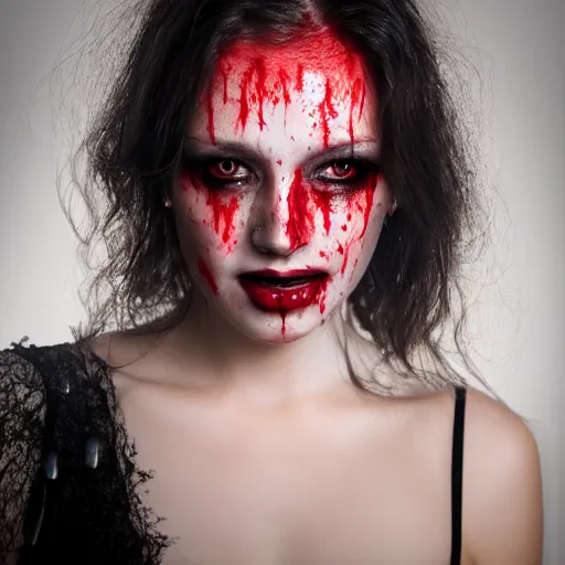 Image similar to professional headshot of an elegant female vampire with droplets of blood splattered across her face. high resolution, realistic, professional lighting, nikon camera, 8 k, imdb. com