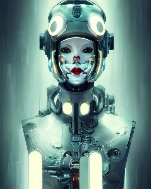 Prompt: a portrait of a cybernetic geisha wearing a mechanical face mask by marco plouffe, surrealism, smooth, intricate, futuristic, ghost in the shell, unreal engine, wires connected to head, neon glowing spells, matte painting, artstation, concept art, high tech fantasy, sharp focus, illustration, art by Riot Studios and Blizzard Studios