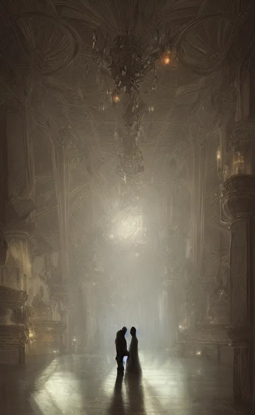 Prompt: celebrating an illegal marriage, intimacy, realism, intricate abstract, tall room, long perspective, neutral colors, dark lighting, by artstation, by greg rutkowski