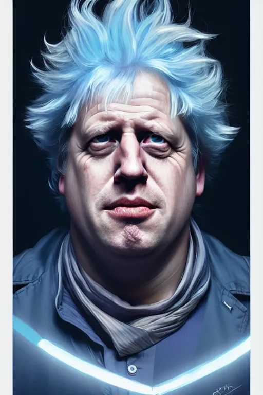 Image similar to Boris Johnson as Rick Sanchez, realistic portrait, symmetrical, highly detailed, digital painting, artstation, concept art, smooth, sharp focus, illustration, cinematic lighting, art by artgerm and greg rutkowski and alphonse mucha