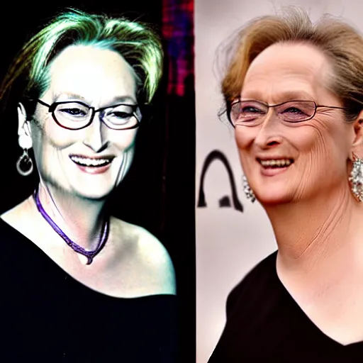 Prompt: Meryl Streep with a black eye and missing tooth