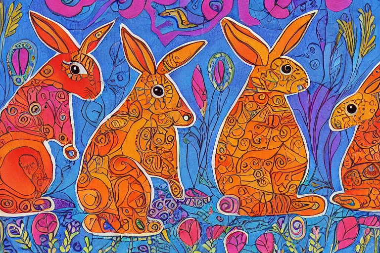 Image similar to beautiful art illustration of a group of rabbits by laurel burch, highly detailed