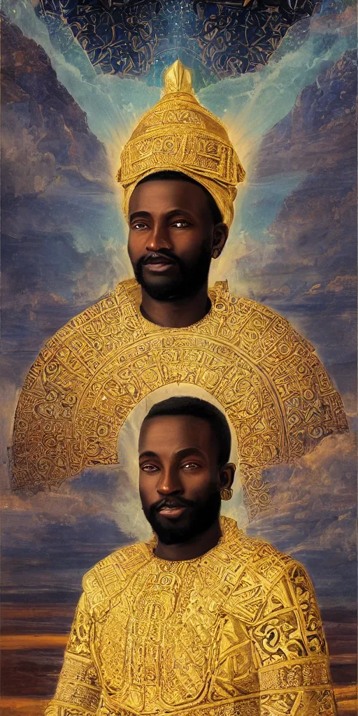 Prompt: a stunning and noble highly detailed romantic period style portrait of Mansa Musa by Josep Tapiró Baró, trending on artstation, oil painting masterpiece, symmetry, fractals, African iconography