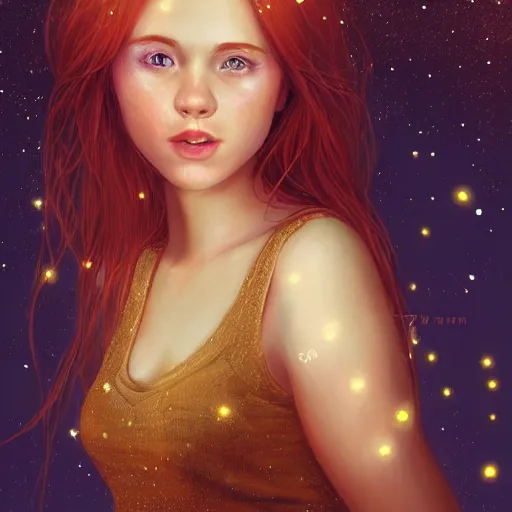 Image similar to photorealistic portrait of a red haired girl among fireflies, with a round beautiful face, amazed soft smile, long hair, green eyes, hint of freckles, golden ratio, intricate details, colorful digital art by artgerm