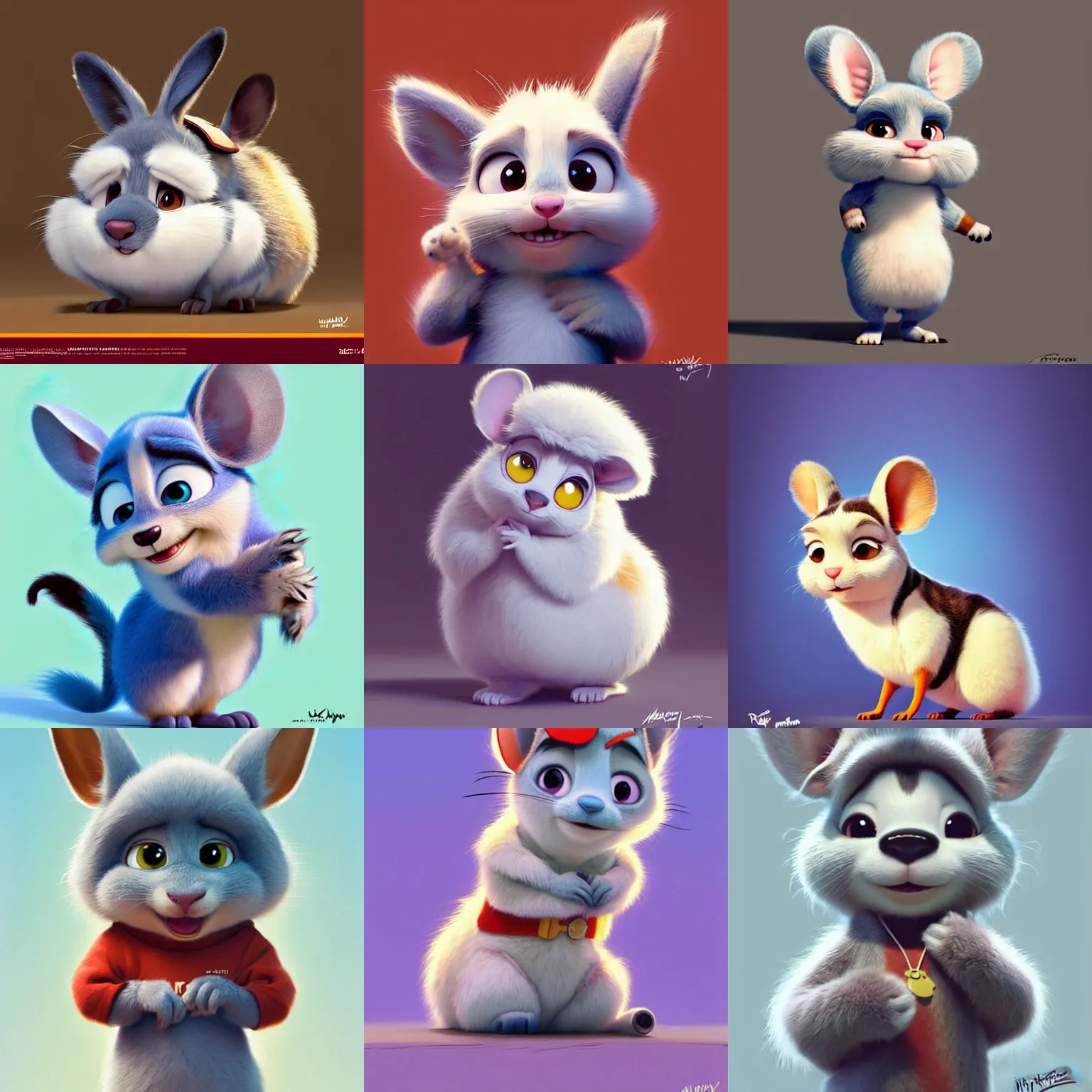 Prompt: promotional art, very very very cute disney pixar chinchilla fluffy character wearing cute clothes, white background, iconic film character, detailed fur, concept artwork, 3 d render official art, promotional art, by artgerm, ilya kuvshinov katsuhiro villeneuve, jeremy lipkin and michael garmash and rob rey, disney pixar zootopia