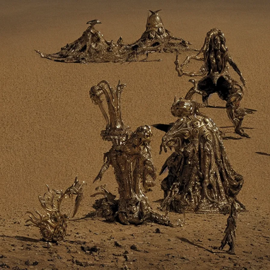 Image similar to salvador dali wearing a golden horned crown and jewels in a dry sand desert landscape, alien spaceship by giger in the landscape, film still from the movie by alejandro jodorowsky with cinematogrophy of christopher doyle and art direction by hans giger, anamorphic lens, kodakchrome, very detailed photo, 8 k