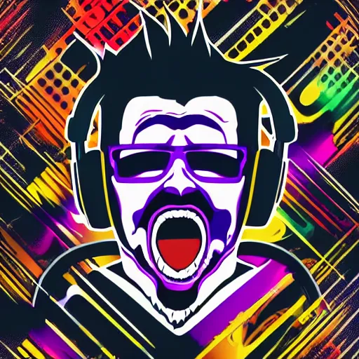 Image similar to svg vector sticker of absolutely insane-mad-scientist-villain, rocking out, wearing headphones, huge speakers, dancing, rave, DJ, spinning records, digital art, amazing composition, rule-of-thirds, award-winning, trending on artstation, featured on deviantart