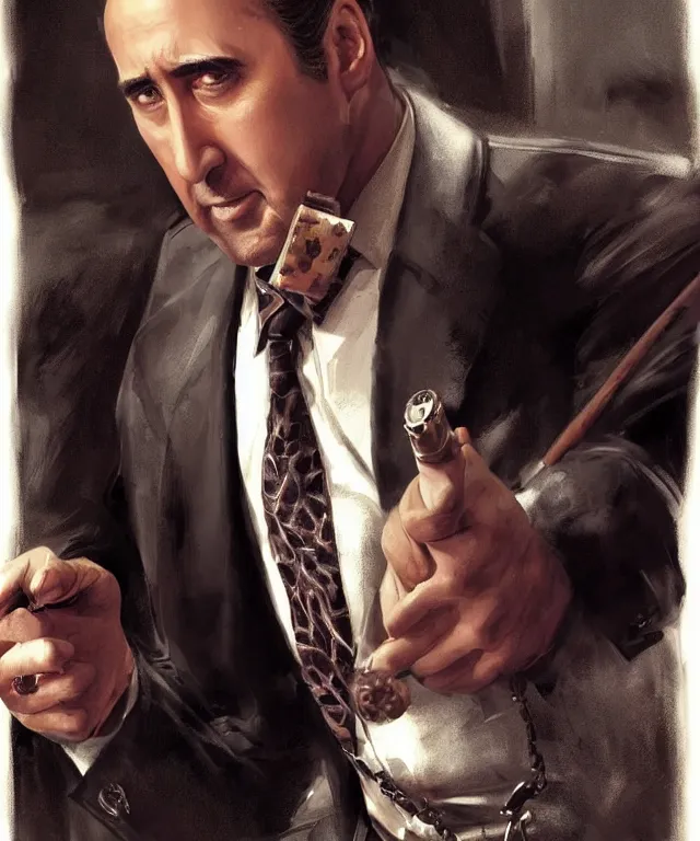 Image similar to Portrait of a Nicolas Cage as a Mafia boss from 1960s, highly detailed, digital painting, artstation, concept art, smooth, sharp focus, illustration by Artgerm and Greg Rutkowski and Tom Bagshaw