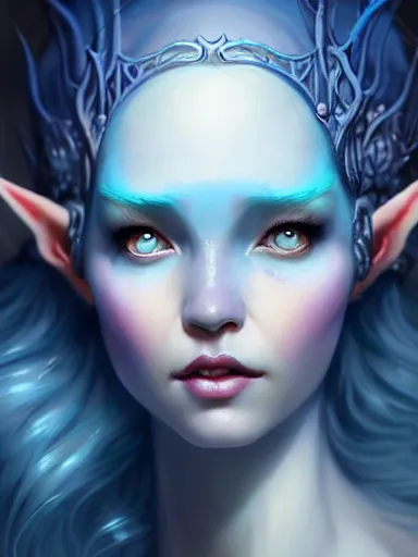 Image similar to the elven queen with blue skin by james jean, charlie bowater, tom bagshaw, nikolay makovsky : : enchanting, ethereal, magical, portrait, character design, illustration, hyperrealism, photorealism, digital art, concept art, fantasy, whimsy, weta, wlop, artstation