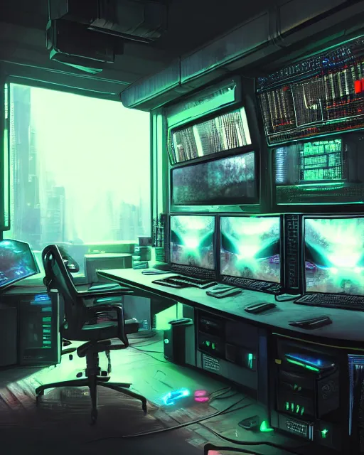 Image similar to artstation cyberpunk scifi scene of a complex computer workstation in a small studio apartment room, many monitors, many electronics, a window view, very detailed, maximalism, ambient occlusion, volumetric light, atmospheric haze, unreal engine, hyper realism, realistic shading, cinematic composition, realistic render, octane render, detailed textures, photorealistic, wide shot