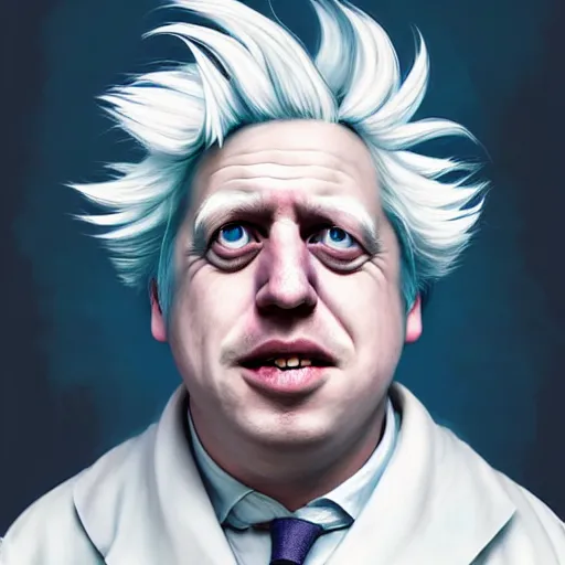 Image similar to Boris Johnson as a kind smiling Rick Sanchez from Rick and Morty, unibrow, white robe, big eyes, realistic cosplay, symmetrical, highly detailed, digital painting, artstation, concept art, smooth, sharp focus, illustration, cinematic lighting, art by artgerm and greg rutkowski and alphonse mucha