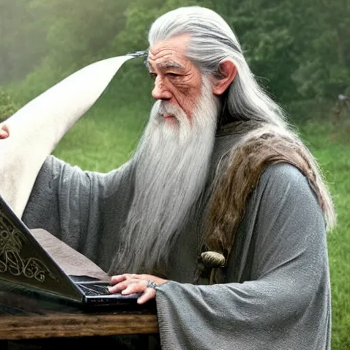 Prompt: Gandalf using the internet to look for information about the One Ring